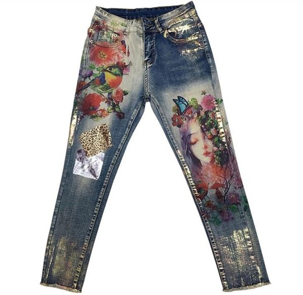 

3d stretchy jeans with 3d flowers pattern painted pencil pants woman elegant style denim pants trousers for women jeans 2011061389904, Blue
