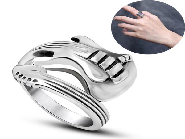 

vintage fashion men women guitar shaped ring jewelry stainless titanium steel punk rock party hip hop adjustable open ring 1576515, Golden;silver
