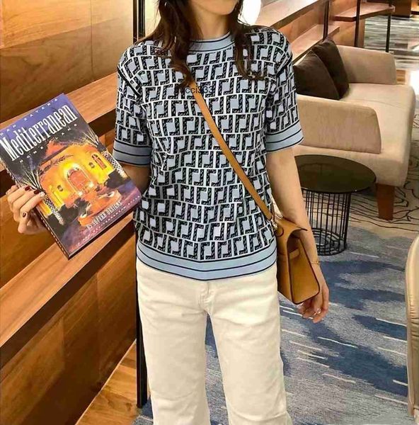 

fendyly ff was designer new knitted high-quality temperament thin all-match round shirt neck t-shirt jacquard ice silk tees small women doub, White;black