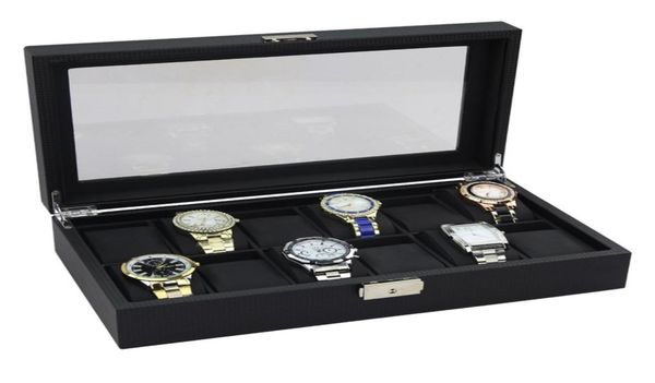 

2019 luxury design carbon fiber leather inner wood with cushion case collect watch box 1012 storage travel box exw box 6327847, Black;blue