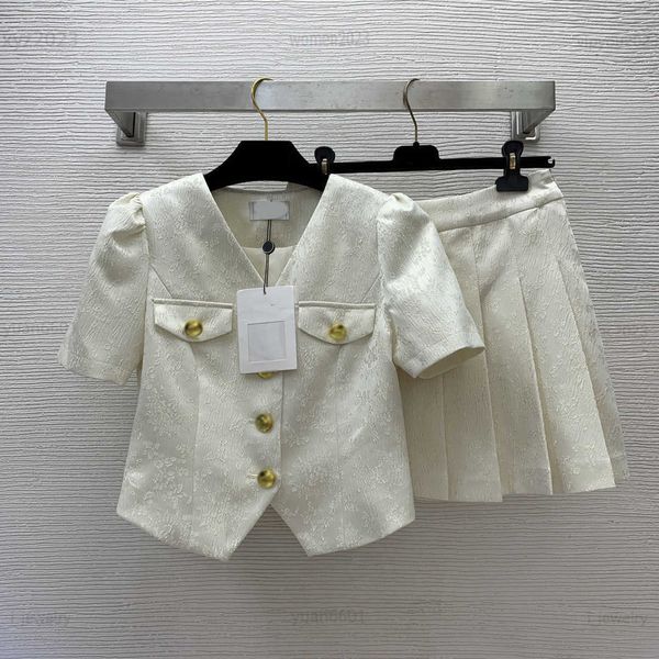 

designer women casual set girl two piece dress irregular hem buttoned bubble sleeve jacket and pleated skirt luxurious july15, White