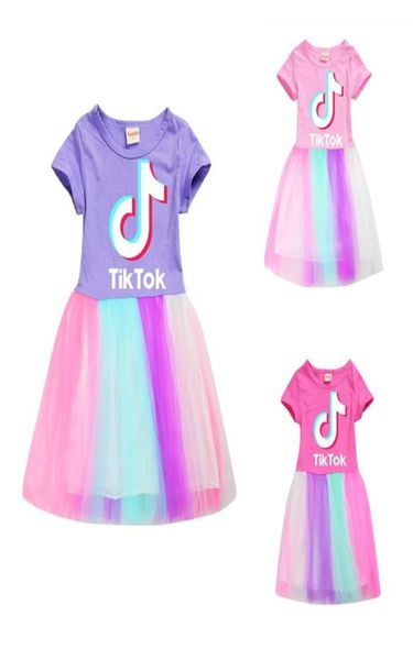 

tik tok girls short sleeve net gown skirt colorful girls fashion dresses round neck size 110 1508555608, Red;yellow