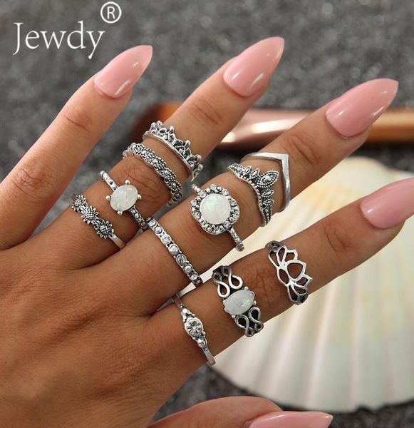 

11 pcsset vintage knuckle opal rings for women boho geometric flower crystal ring set bohemian midi finger jewelry bague femme1986829, Silver