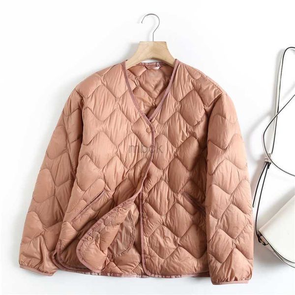 

women's down parkas autumn winter light thin white duck down jacket parkas women v neck lattice down coat female short loose puffer out, Black