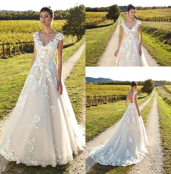 

2019 scoop neck lace a line wedding dresses tulle lace applique backless sweep train wedding bridal gowns with cap5627988, White