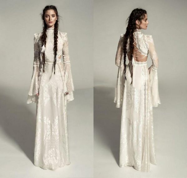 

meital zano great victoria medieval wedding gown with bell sleeves vintage crochet lace high neck gothic queen wedding dresses7954439, White