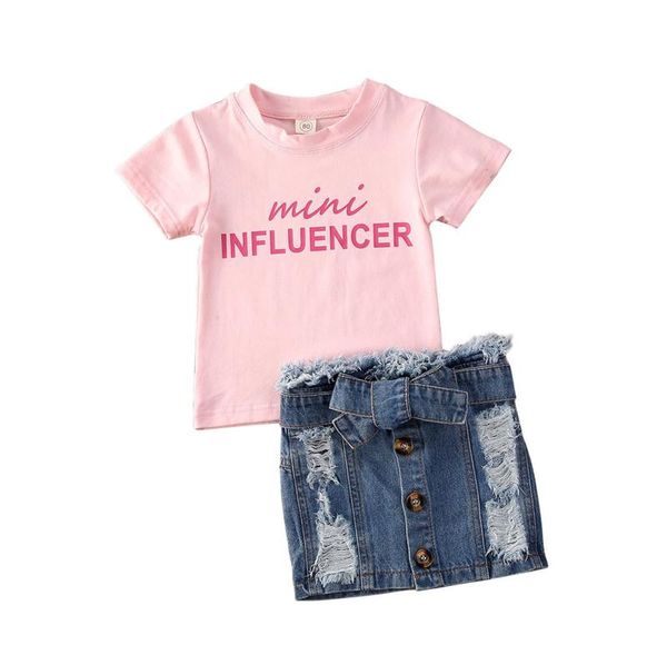 

37years kid baby girls clothes set toddler kids short sleeve denim skirts set y2008319086887, White
