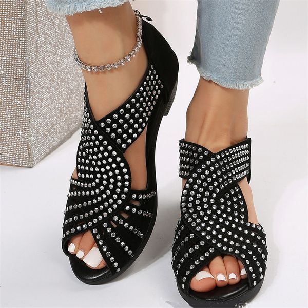 

sandals style women summer hollow out faux leather rhinestones thick heel zipper sandals shoes 230719, Black