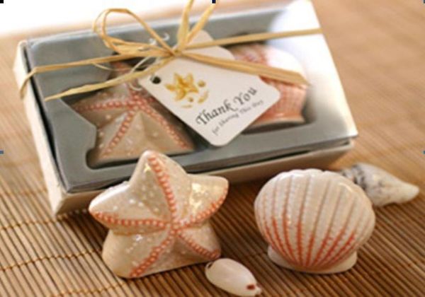 

party favors of seashell and starfish wedding ceramic salt and pepper shakers 20pcslot10sets10boxes for beach wedding favors7345222