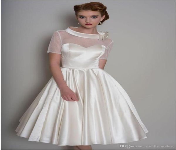 

knee length vintage short wedding dresses with short sleeves high neck sheer neck and back 50s informal bridal gowns custom made s1640369, White