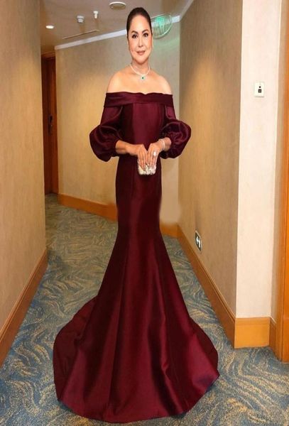 

elegant burgundy evening dresses off the shoulder neck long sleeves prom gowns sweep train satin plus size formal dress7855075, Black;red