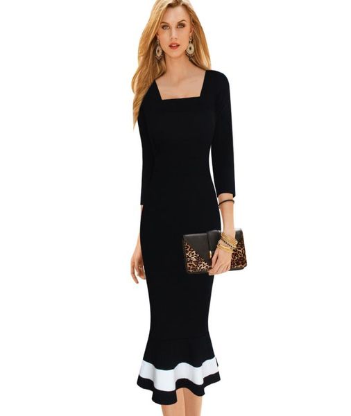 

new women elegant formal dress v back square neck colorblock mermaid work office party evening sheath pencil bodycon midi dress dk4784523, Black