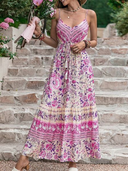 

plus size dresses 2023 summer women spaghetti strap holiday floral print bohemian beach sundress elegant sling party 230718, Black