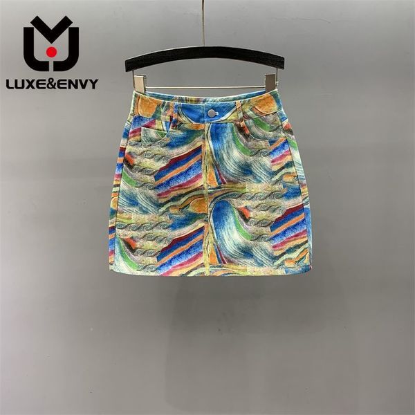 

skirts luxe printed denim skirt women s high waist a line summer 2023 slim and girl wrap hip short wholesale clothes 230718, Black