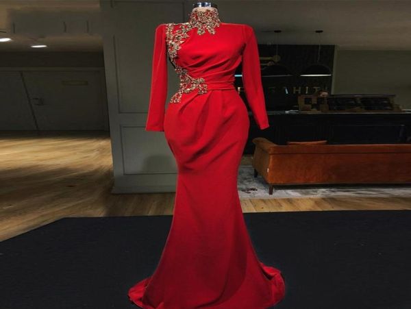 

partygown red mermaid evening dresses high collar full sleeves long evening dress court train prom formal gowns robedesoiree1607205, Black;red