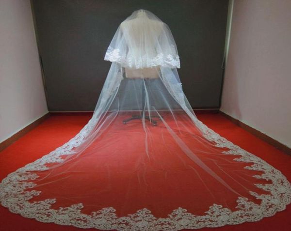 

real picture zuhair murad 2 tiers long 3 m 15 m cathedral lace applique bridal veils wedding veil with comb wedding accessories3502321, Black