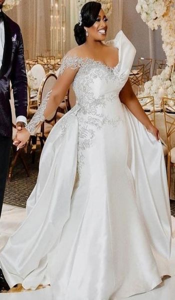 

2022 plus size arabic aso ebi mermaid luxrious wedding dress beaded lace crystals bridal gowns dresses zj6043064743, White