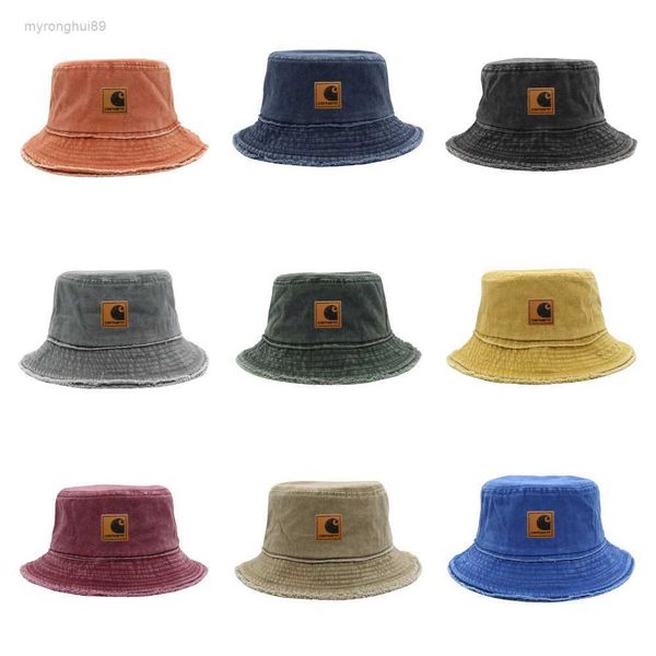 

workwear wide brim bucket hat washed and worn fur rimmed basin american fashion leather label casual 5n0a, Blue;gray
