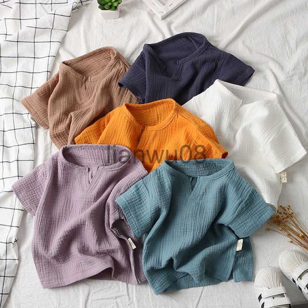 

t-shirts 2023 cotton linen baby boy t shirts summer toddler comfortable girls children clothing kids button tees 140cm height x0719, Blue
