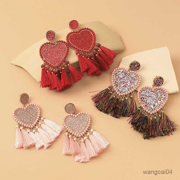 

charm boho heart-shaped earrings handmade women fashion ethnic style tassels earrings personality vintage heart fringe earrings studs r23071, Golden
