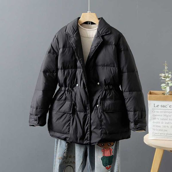 

women's down parkas women's winter jacket korean version thick waisted suit lapel mid length white duck down coat hkd230719, Black