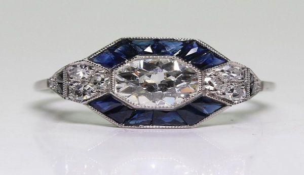 

antique jewelry 925 sterling silver diamond sapphire bride wedding engagement art deco ring size 5125311587, Golden;silver