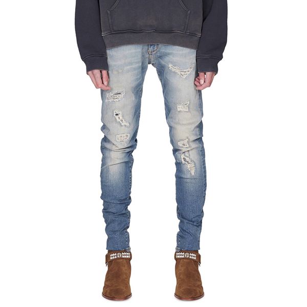 

men's distressed ripped skinny jeans fashion mens motorcycle moto long off cotton slim feet high street light blue paste cloth hole siz