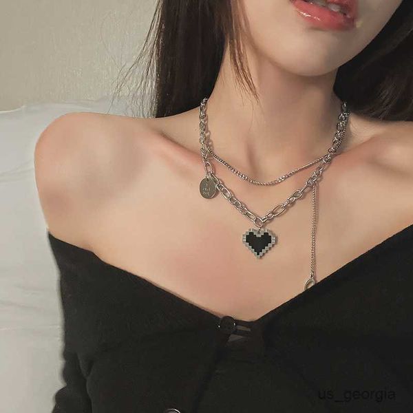 

pendant necklaces new fashion women pendant necklaces double link chain metal black heart grunge necklace party grunge jewelry gift r230719, Silver