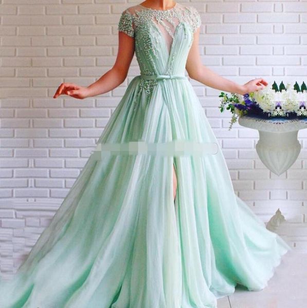 

mint green prom dress crew cap short sleeves side slit beaded with pearls aline tulle sashes backless long formal evening gown fo7468789, Black;red