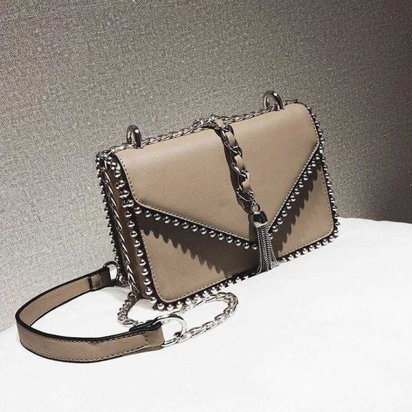 

women luxury bag simple small square lady handbag leather rivet tassel chain shoulder pouch bags for