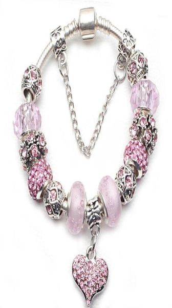 

fashion pink crystal love heart charm bracelet for women european diy beads bracelets bangles as lover couples gifts pulseira15760606, Golden;silver