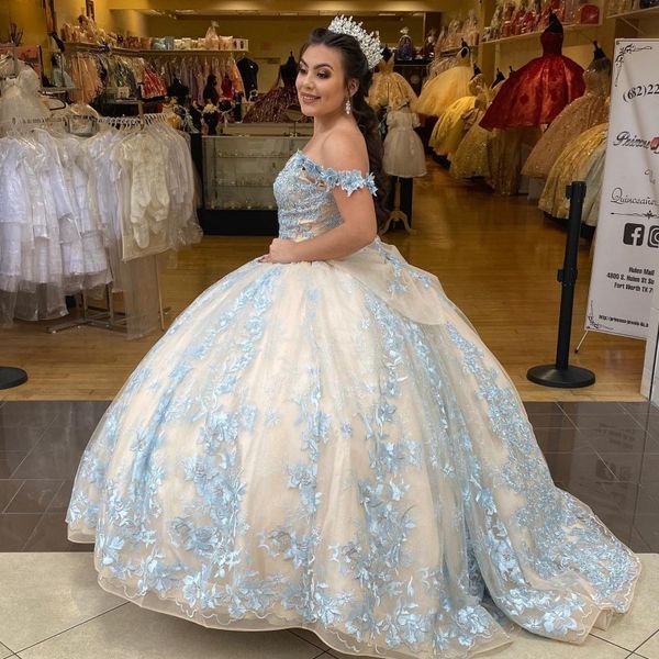 

champagne princess ball gown quinceanera dresses off shoulder sweetheart sky blue lace applique sweep train vestidos de 15 anos, Blue;red