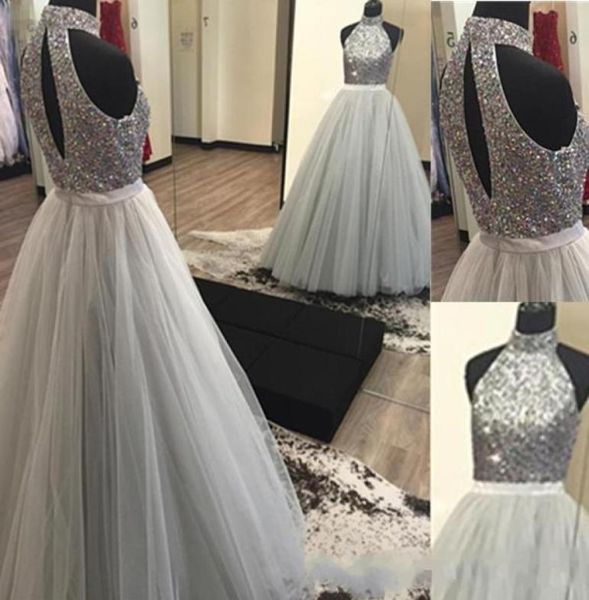 

2019 silver grey ball gown prom dresses highneck fully beaded bodice tulle skirt open back floor length prom party gowns for1697419, Black
