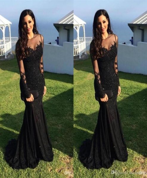

evening dresses wear 2017 new jewel neck illusion black chiffon lace appliques beaded prom dress mermaid long sleeves sweep train 2664073, Black;red