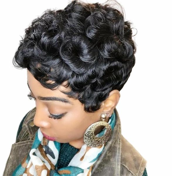 

short wave curl hair wigs pixie cut human machine made black hair curly wig for women1968298, Black;brown