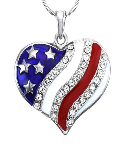 

10pcslot drop 4th of july jewelry patriotic red white blue american usa us flag crystal heart pendant necklace3816655, Silver