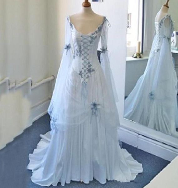 

vintage celtic wedding dresses white and pale blue colorful medieval bridal gowns scoop neckline corset long bell sleeves applique2177467