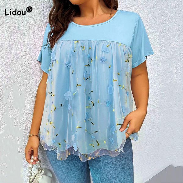 

women's plus size t-shirt spring summer lace splice straight t-shirt women's sweet fresh o-neck floral printed short sleeve gauze, Black