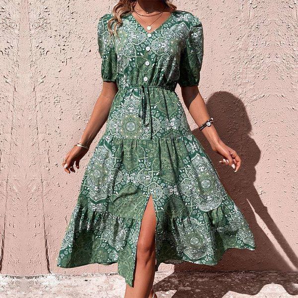 

summer fashion womens green mid length print dress, Black;gray