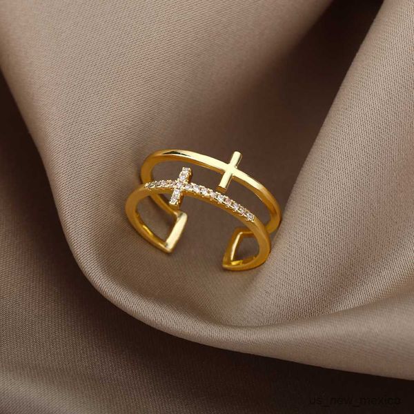 

band rings style double cross rings for women stainless steel cubic zirconia finger gold color ring vintage jesus engagement jewelry r230719, Silver