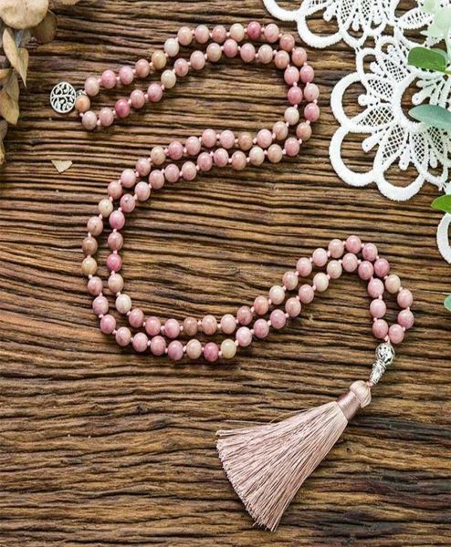 

pendant necklaces 8mm natural rhodochrosite knotted 108 beads japa mala necklace meditation yoga blessing health jewelry women cha2027784, Silver