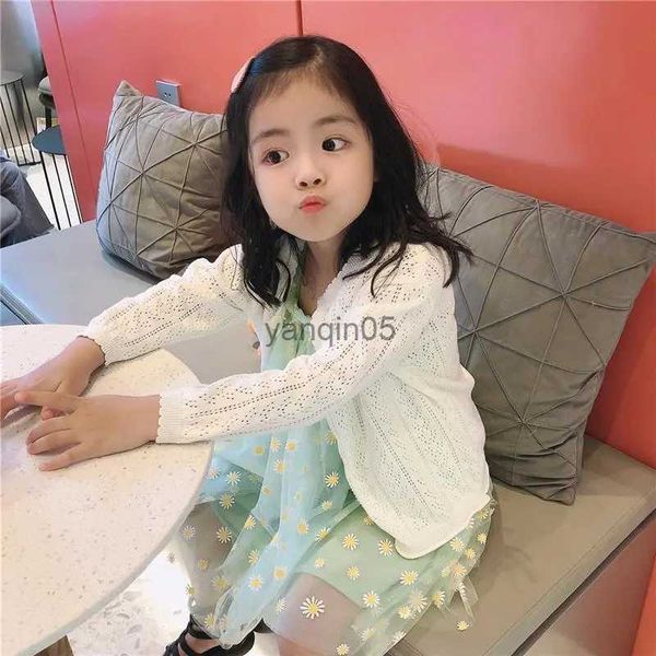 

pullover baby girls summer thin cotton knitted cardigan middle small children solid color cutout cardigan coat girl sun protection coat hkd2, Blue