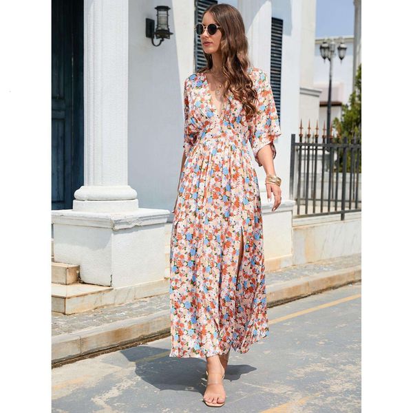 

summer street womens v neck short sleeve print waist dress, Black;gray