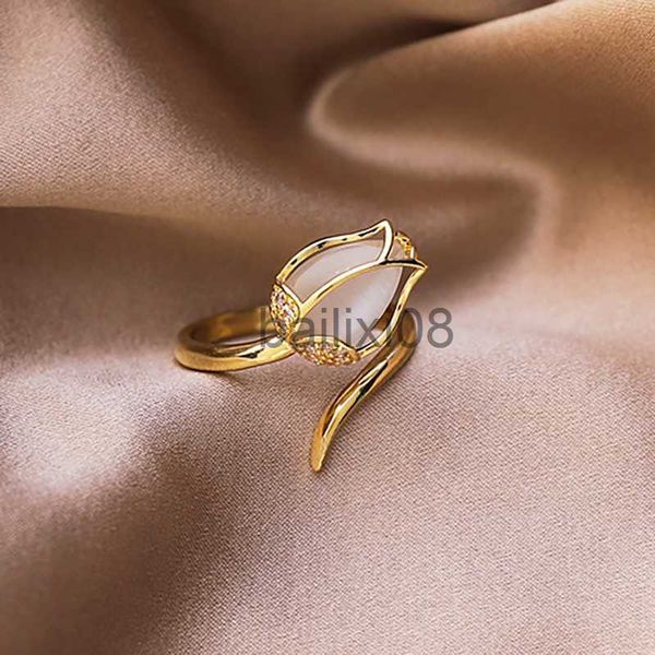 

band rings new luxury rose flower leaf adjustable finger wedding rings for women tulip zircon open ring glamour jewelry girl gift j230719, Silver