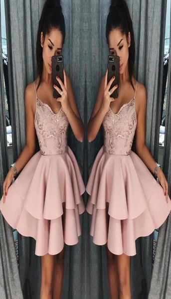 

2019 dusty pink spaghetti short homecoming dresses backless lace appliqued cocktail party gown mini prom evening dresses1948764, Blue;pink