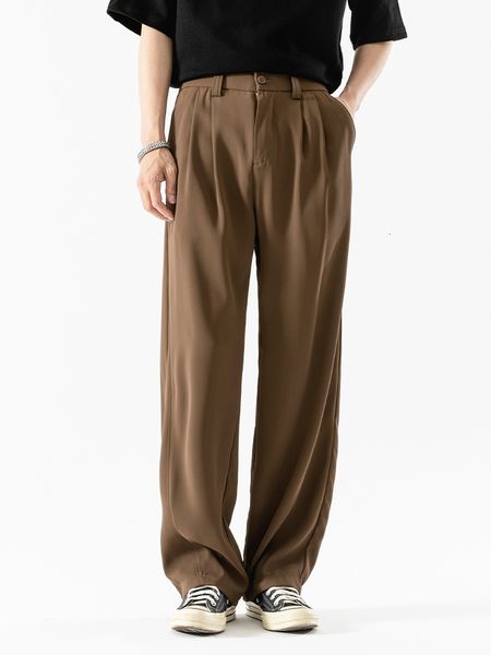 

men s pants summer wide suit pant men breathable thin korean fashion elastic waist loose slacks straight trousers male long casual 230718, Black