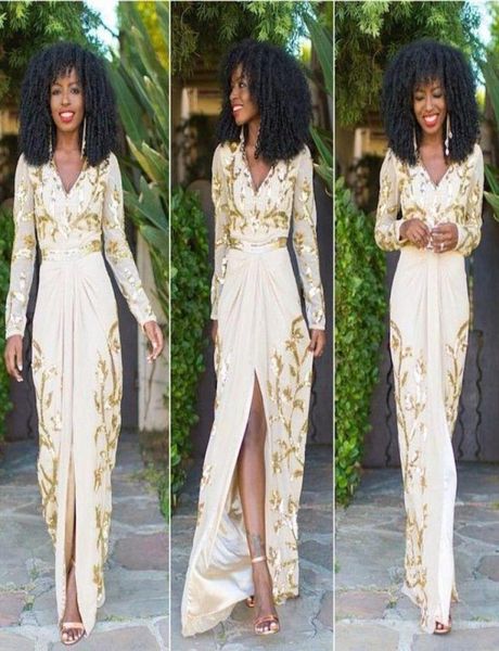 

new arrival prom dresses plunging fornt split chiffon evening gowns gold sequins custom made formal dress african sty5388176, Black