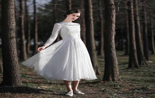 

vintage tealength short wedding dresses 2020 lace chiffon bridal gowns long sleeve oneck low back informal beach robe mariage cu6725705, White