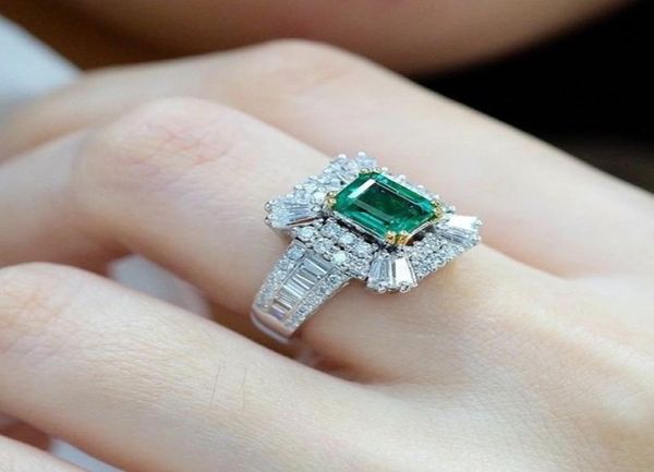 

diamond emerald square solitaire ring zircon luxury jewelry lady temperament holiday gift8708942, Golden;silver