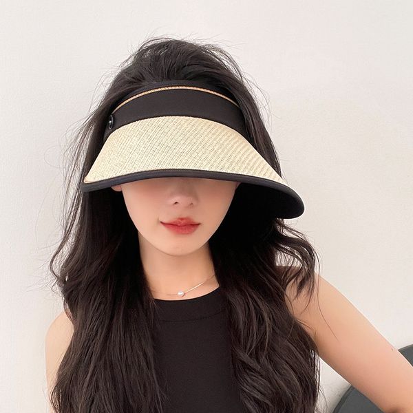 

fashion designer jewelry uv black glue large brim hollow straw hat versatile sunshade baseball cap wholesale mzy06, Blue;gray
